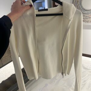 White Ribbed Zip-Up Hoodie Brandy Melville